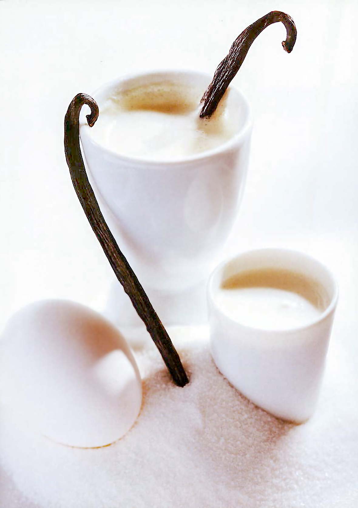 Egg cup filled with Tahitian cream custard, two vanilla beans, on a pile of sugar
