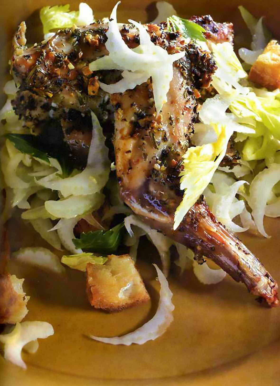 Roasted Rabbit with Shaved Celery and Fried Bread Salad