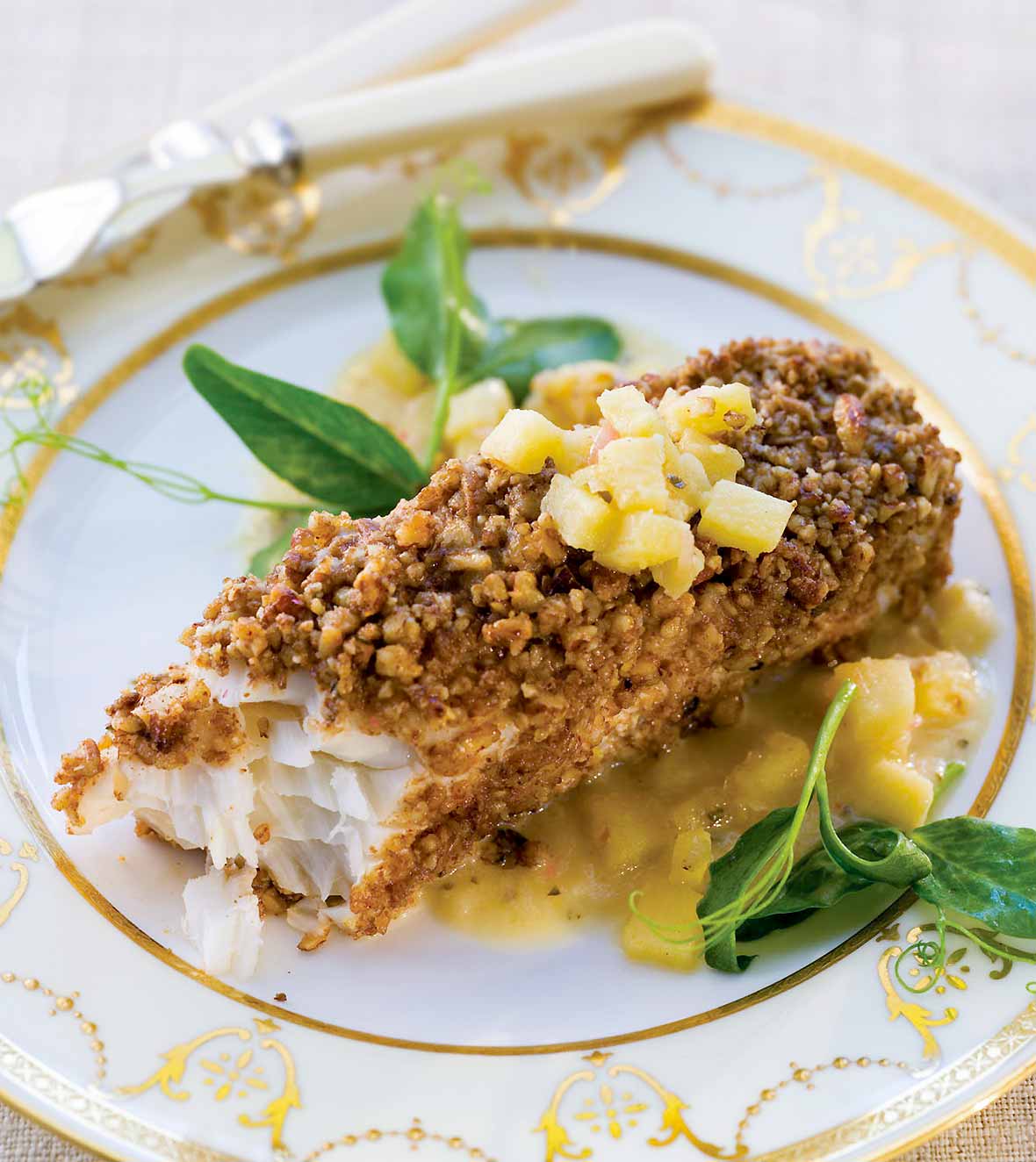 Halibut with Nut Crust, Apple Vinaigrette
