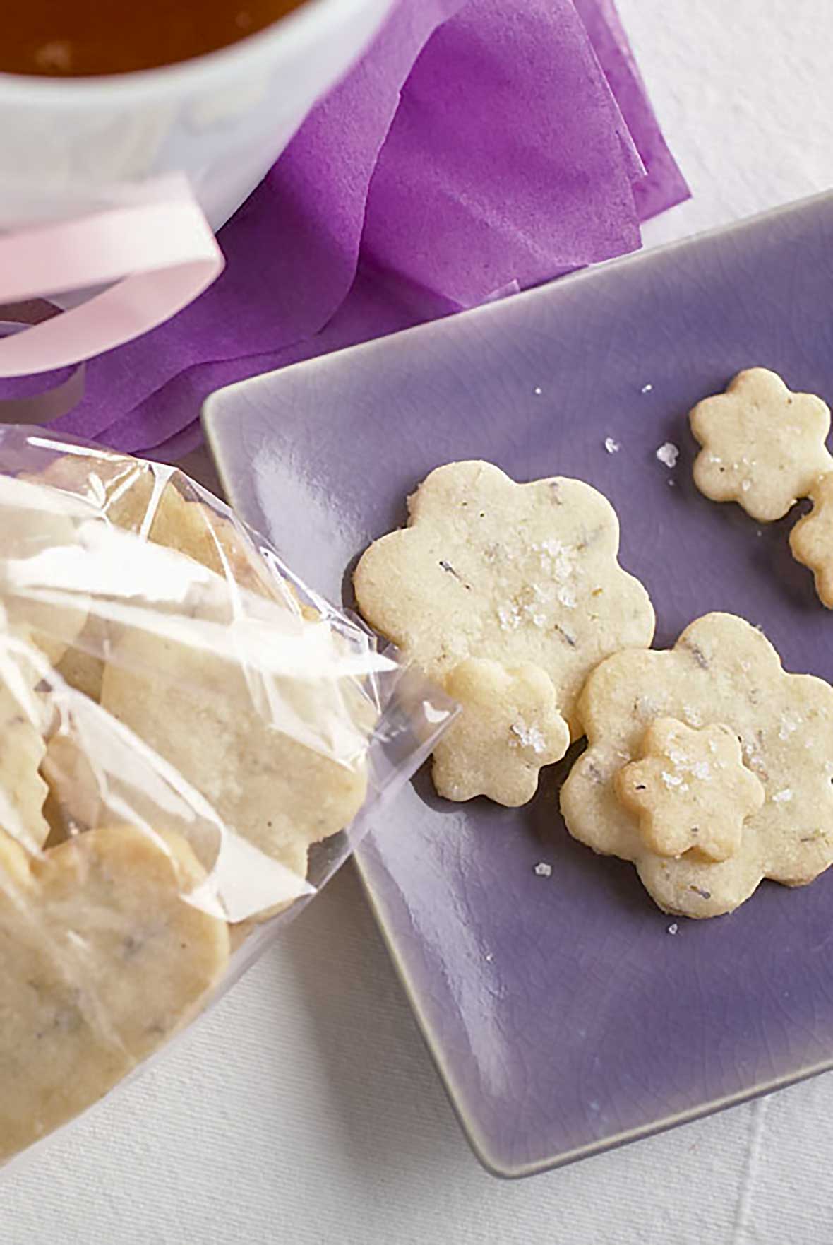 A purple plate with lavender fleur de sel shortbread