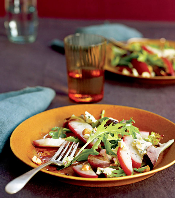 Poached Pear, Blue Cheese, and Hazelnut Salad