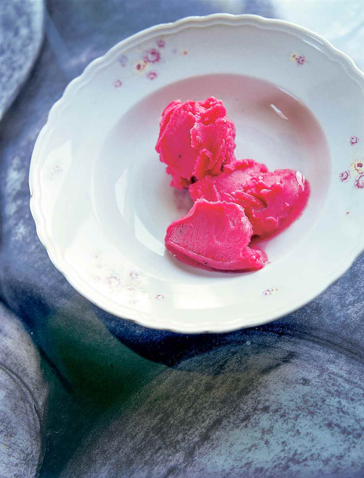A few dollops of cranberry sorbet in a white porcelain bowl.