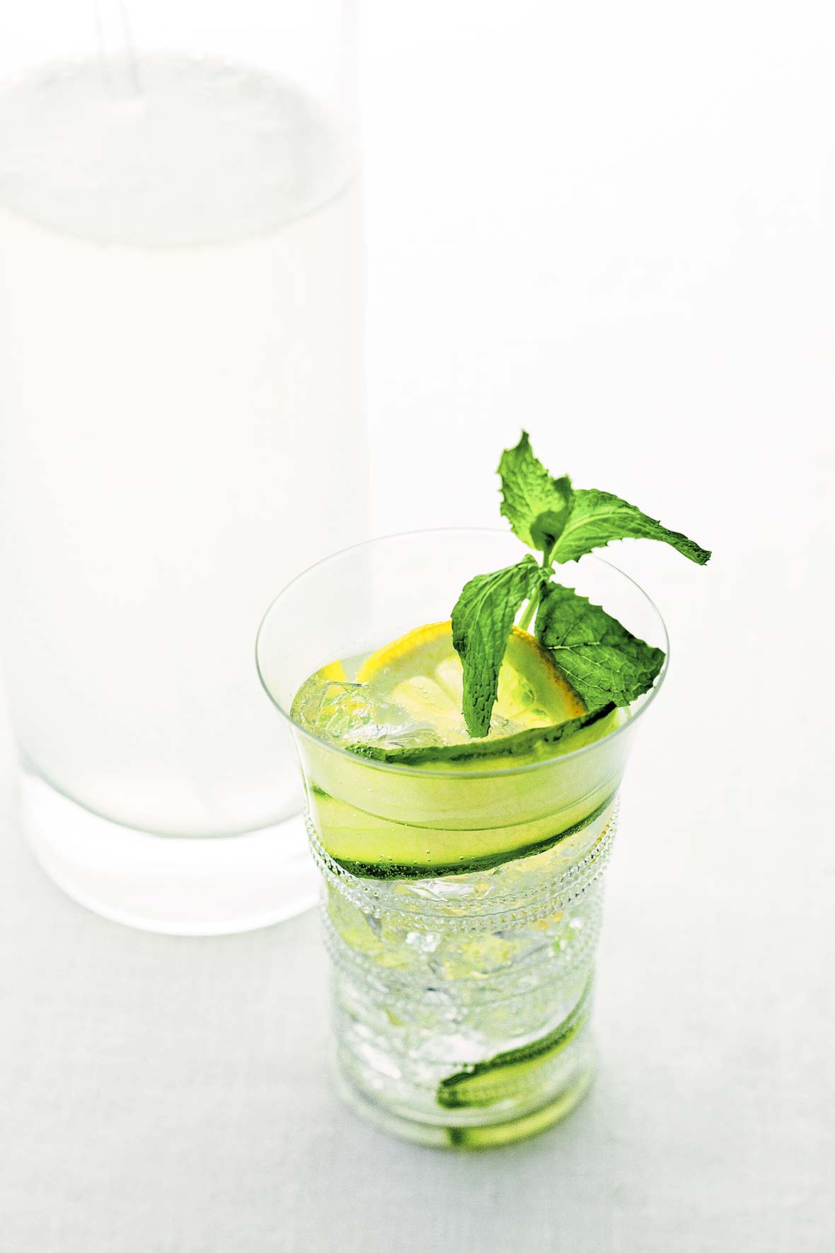 A glass of lemon cucumber cocktail with a sprig of mint, a lemon wheel, and a slice of cucumber.