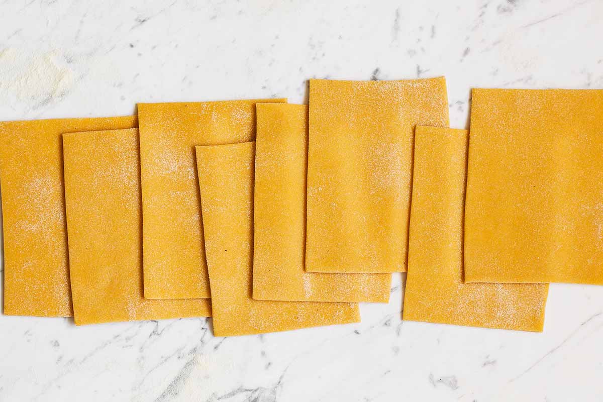 Rectangles of pumpkin pasta dough