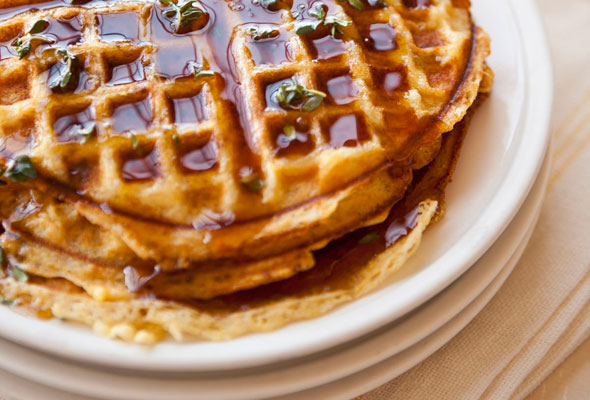 Cornmeal-Bacon Waffles with Thyme Infused Maple Syrup