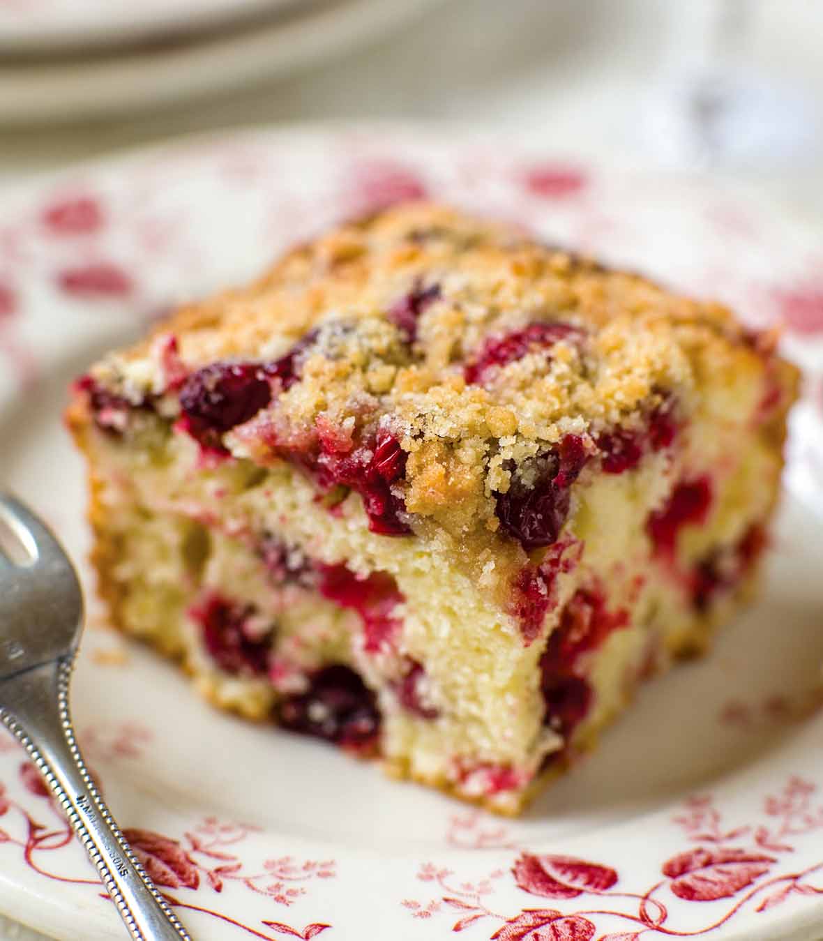 A square of cranberry buckle with a streusel top and studded with cranberries.