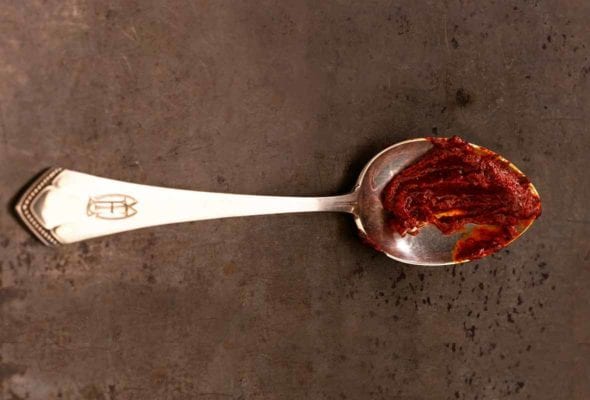 Silver spoon with a mound of Portuguese red pepper paste