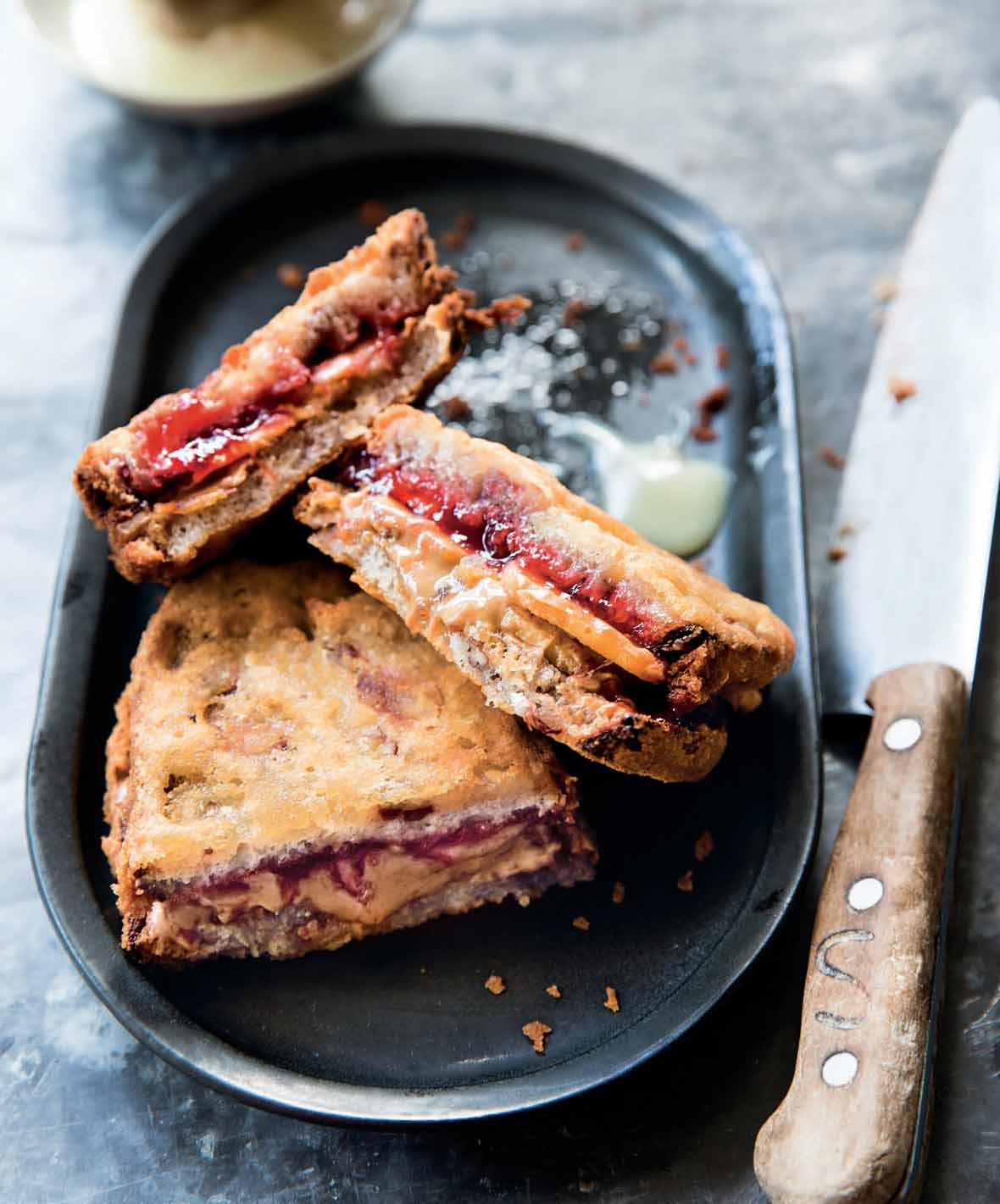 Deep-fried peanut butter and jelly sandwiches