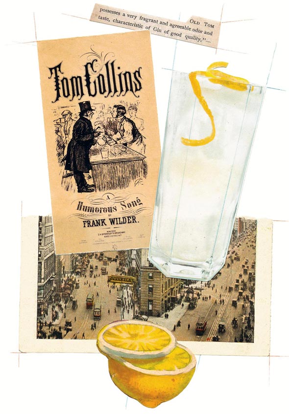 A glass of Tom Collins with a lemon twist, an old photograph, and a Tom Collins pamphlet.