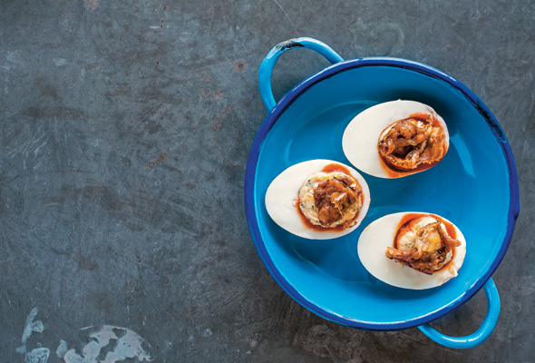 Deviled Eggs ith Roast Chicken Skin (Gribenes)