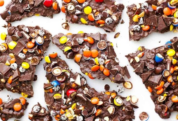 Broken pieces of leftover Halloween candy bark.