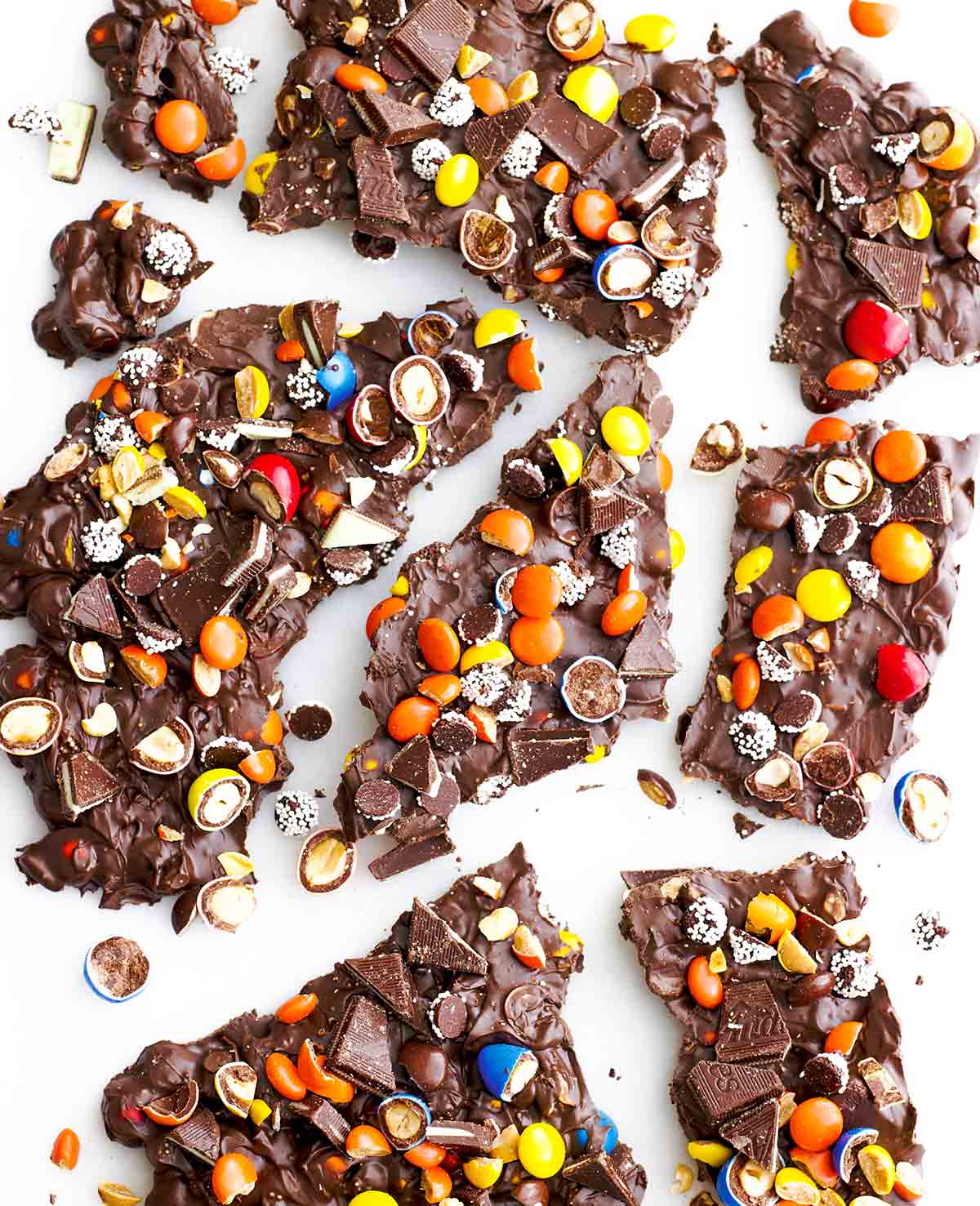 Broken pieces of leftover Halloween candy bark.