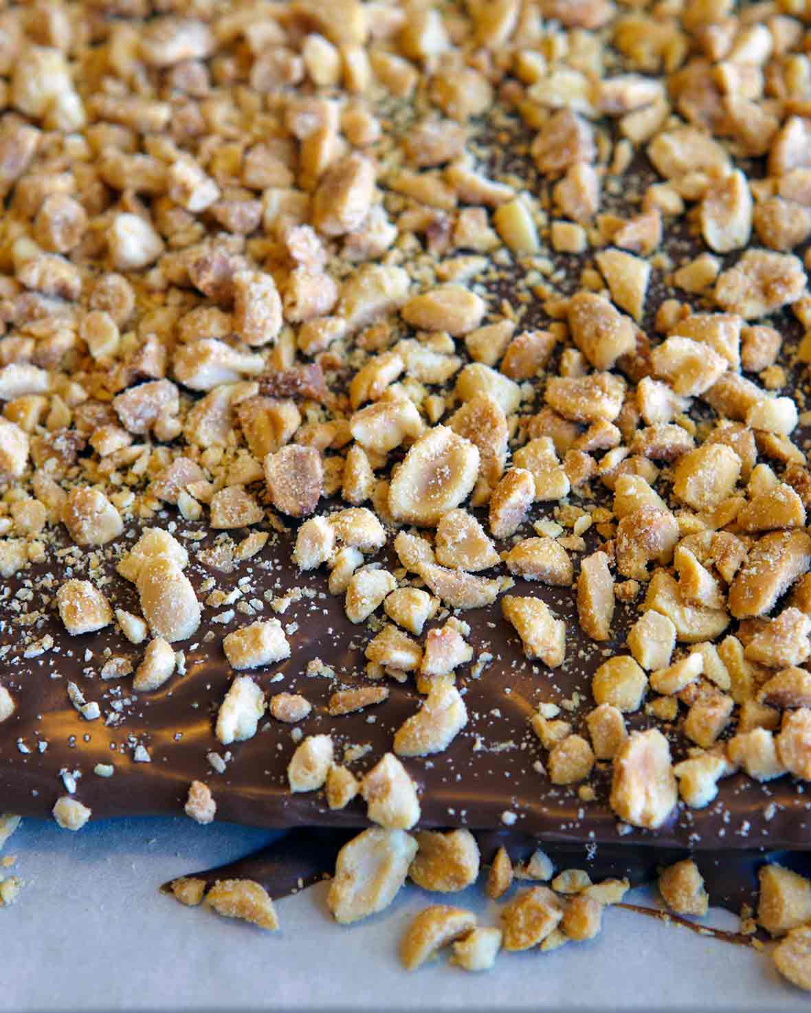 A slather of chocolate topped with chopped roasted peanuts on parchment