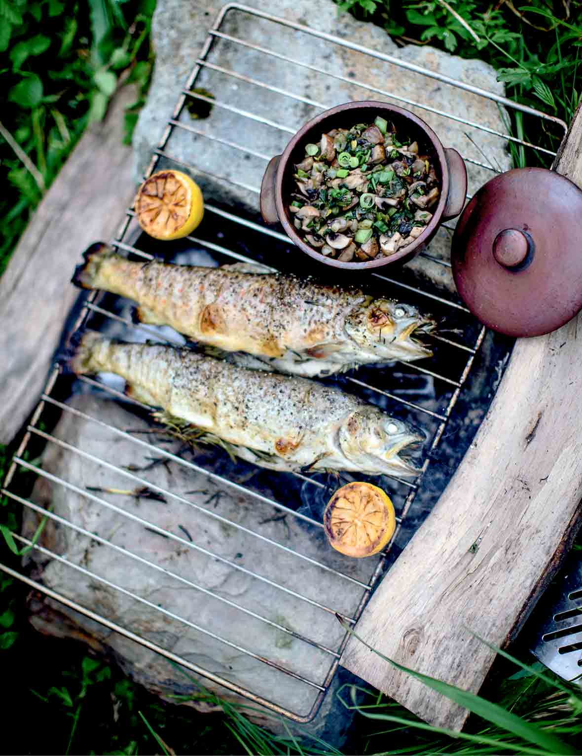 Two whole grilled trout, stuffed with rosemary on a grill over open coals with a dish of mushrooms and a couple halved lemons on the side.