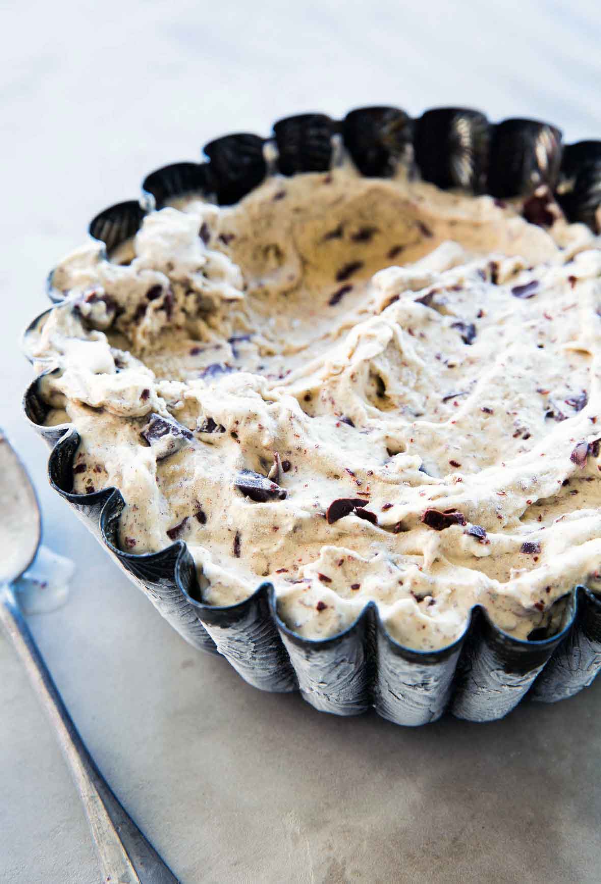 Roasted banana ice cream frozen into a scalloped bowl.