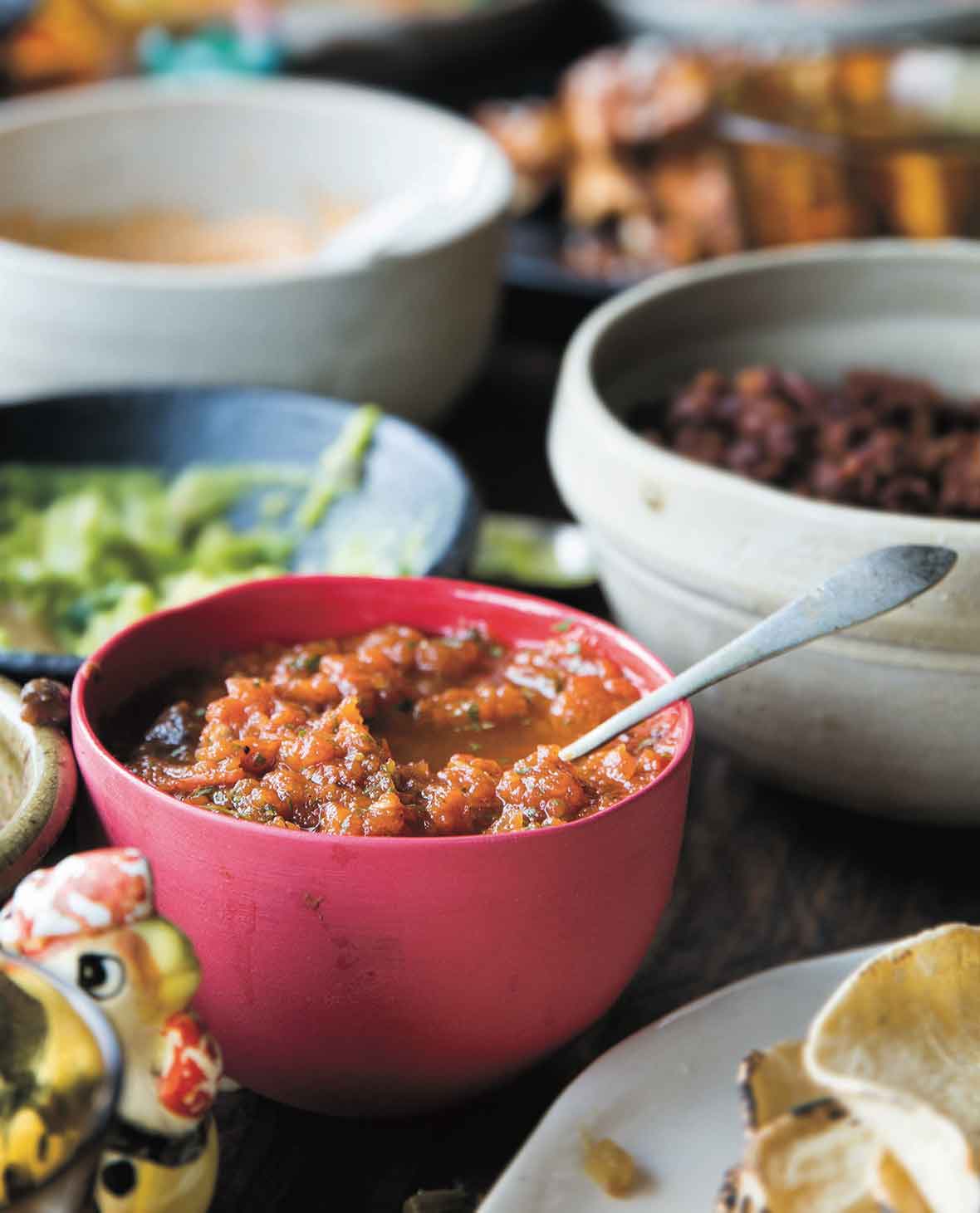 A red bowl filled with fire-roasted salsa in the middle of a Mexican feast.