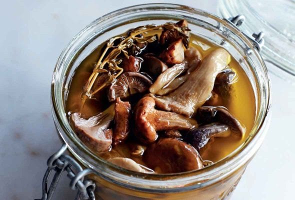 A canning jar filled with pickled wild mushrooms and a sprig of thyme.