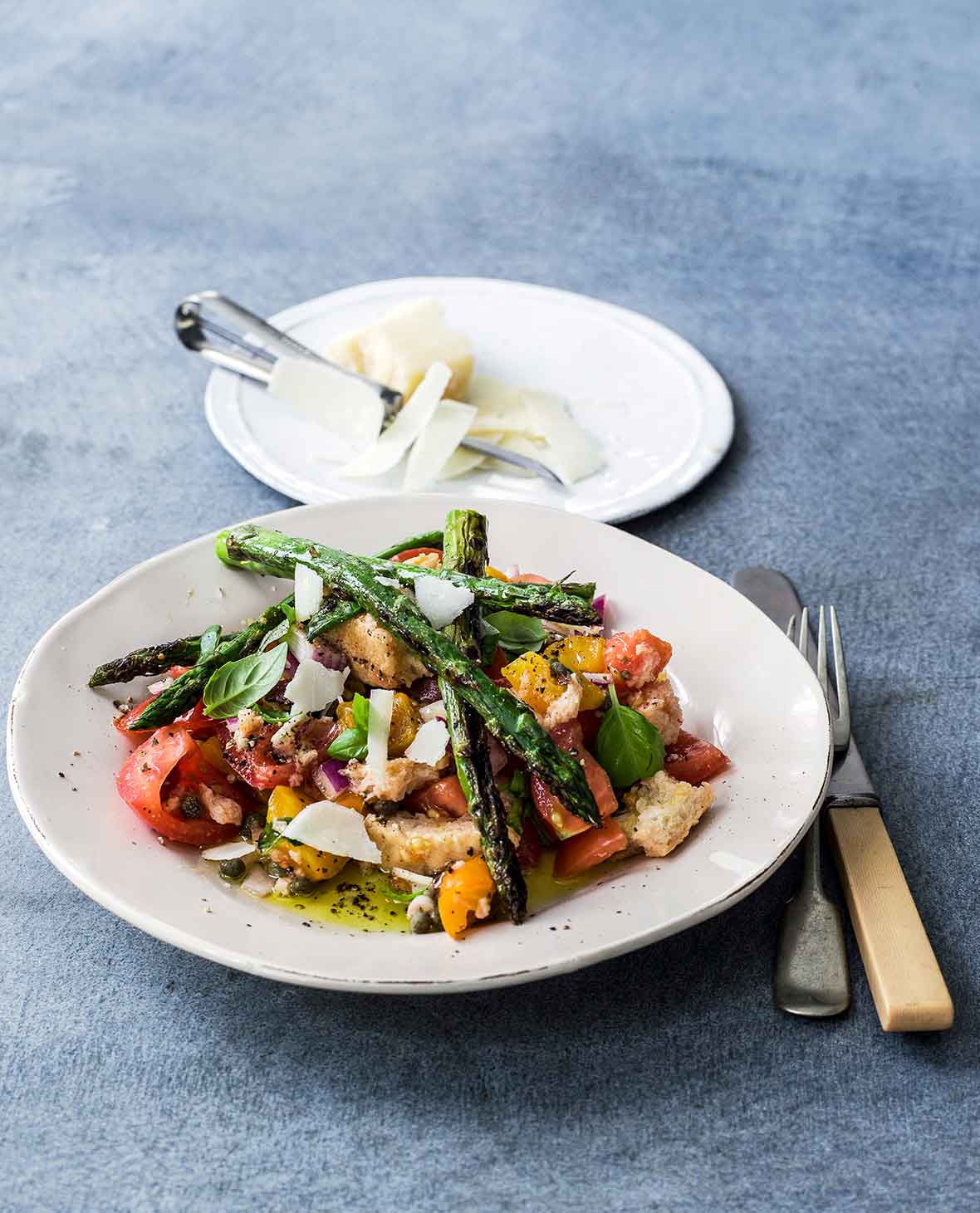 A white plate topped with a spring panzanella made with tomatoes, bread, asparagus, and Parmesan. A small plate of additional shaved Parmesan sits beside it.