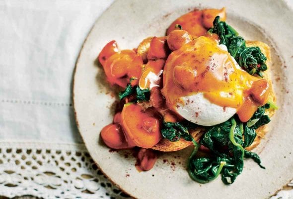 A plate topped with a serving of chorizo eggs benedict - chorizo hollandaise, garlicky spinach, and poached egg on toast.