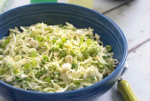 A blue ceramic bowl filled with classic coleslaw.
