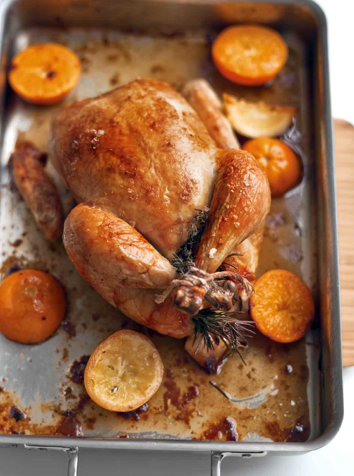 A whole roast chicken in a roasting pan with halved citrus fruits around it