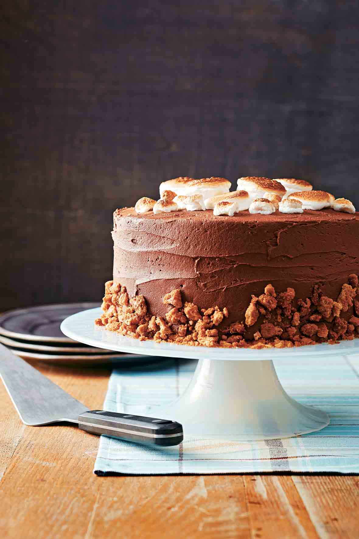 A s'mores cake on a white cake stand topped with toasted marshmallows and graham crumbs.