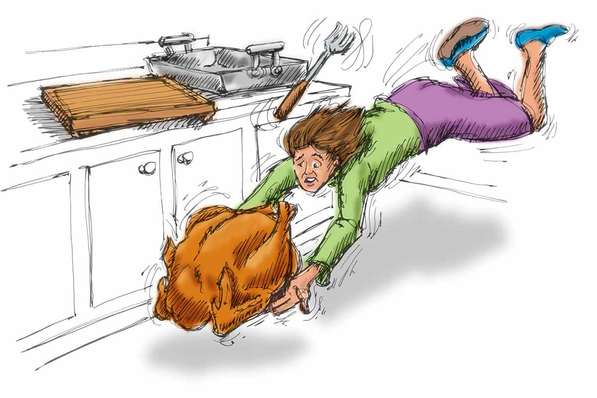 An illustration of a woman attempting to catch a whole turkey as it falls to the ground.