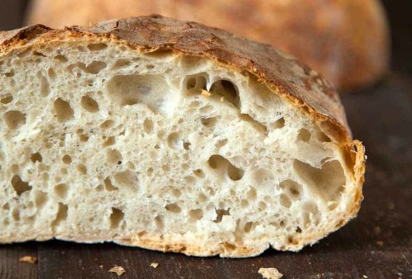 A cut loaf of Jim Lahey's no-knead bread