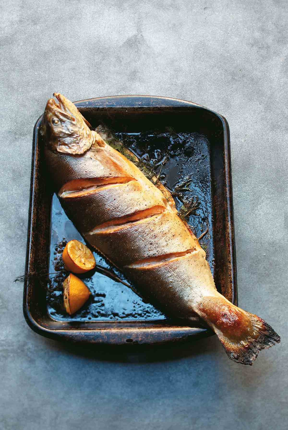 A whole salmon with roasted dill sauce and lemon halves on a metal baking tray.