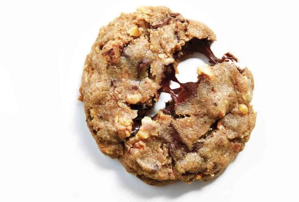 One whole wheat chocolate chip cookie pulled in two