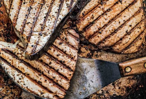 Pieces of perfectly grilled fish made with the technique explained in 'how to grill fish', on a rimmed baking sheet with a metal spatula.