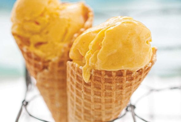 Two waffle cones filled with mango frozen yogurt propped up in a metal rack.