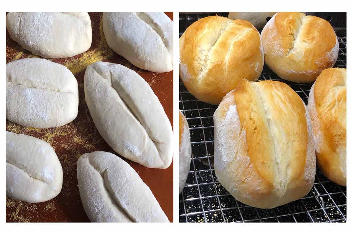 Several uncooked papo-secos on a baking mat and several cooked papo-secos on a wire rack.