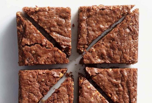 Eight triangle shaped pieces of nutella brownie.