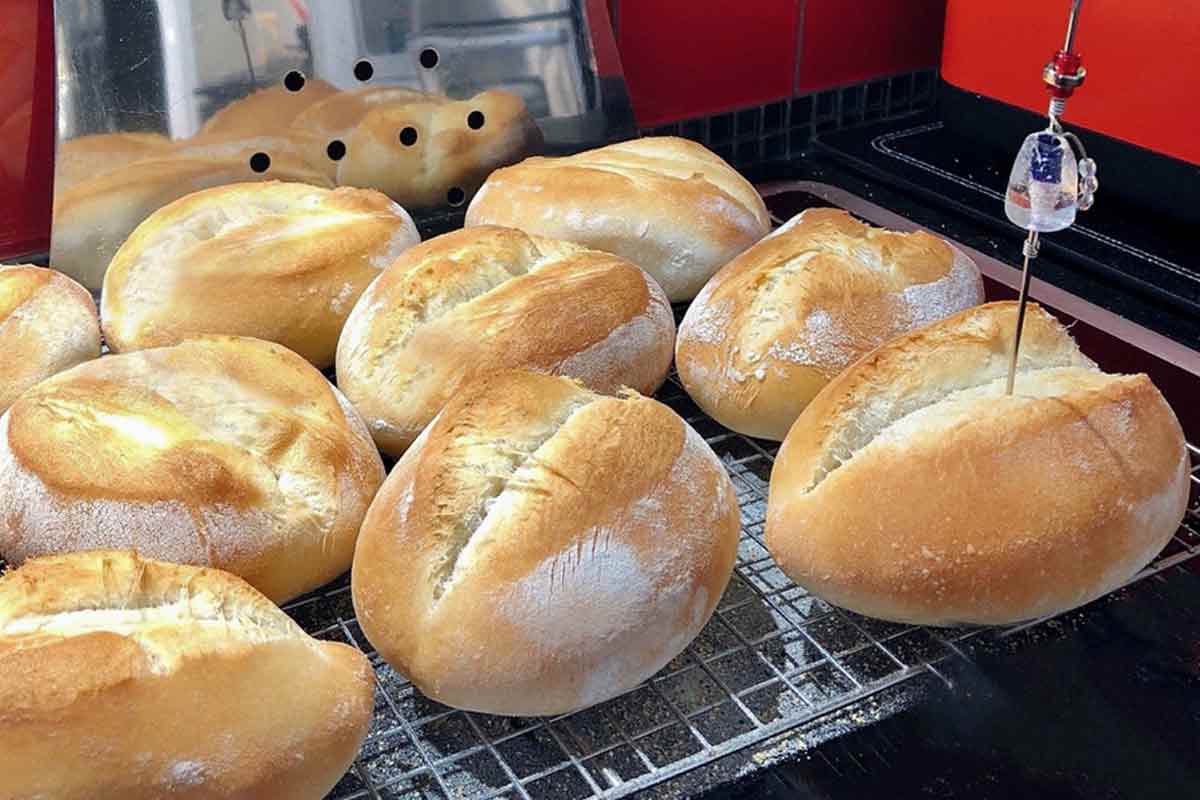 Serveral baked papo-secos cooling on a wire rack.