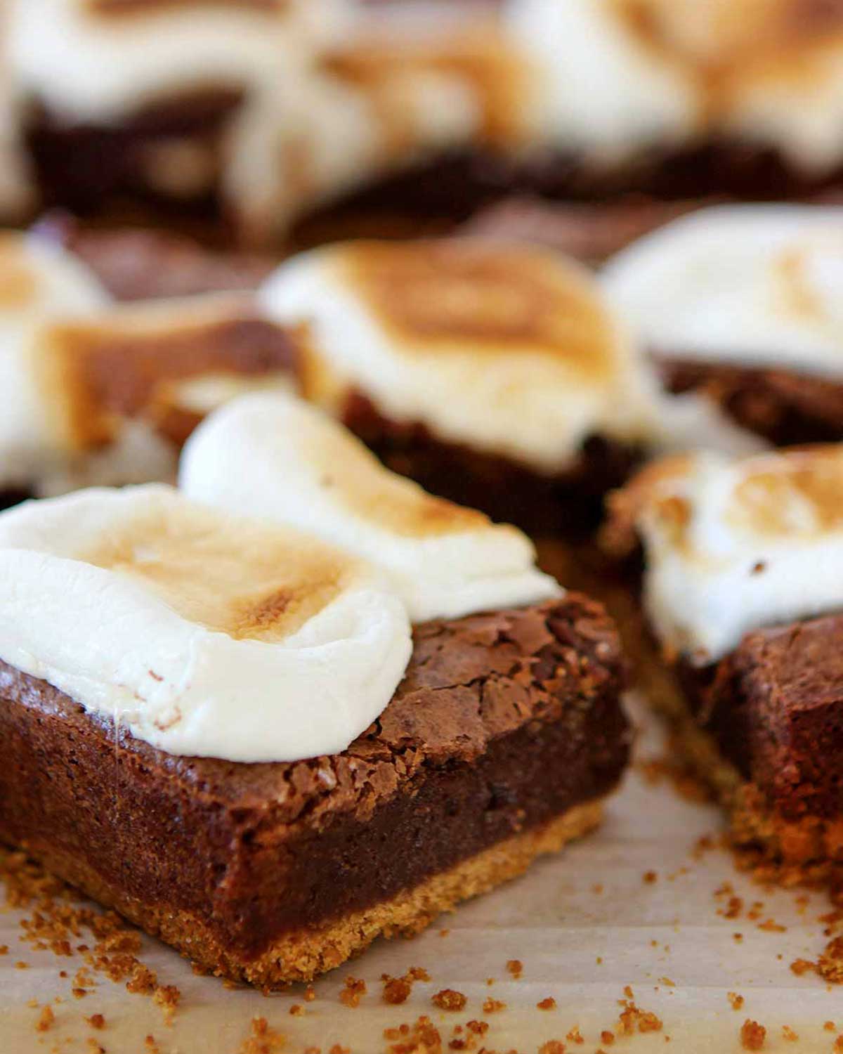 Several bars of cut s'mores brownies made with graham crust, fudgy layer and topped with marshmallow on a piece of parchment.