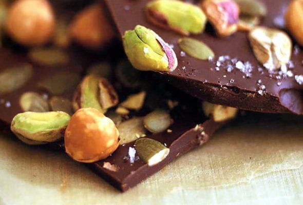 Pieces of hazelnut pumpkin pistachio bark