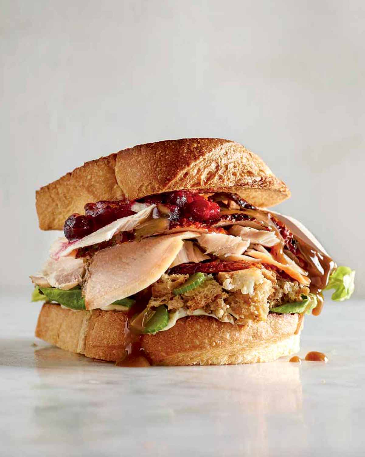 A turkey cranberry sandwich with stuffing on toasted bread.