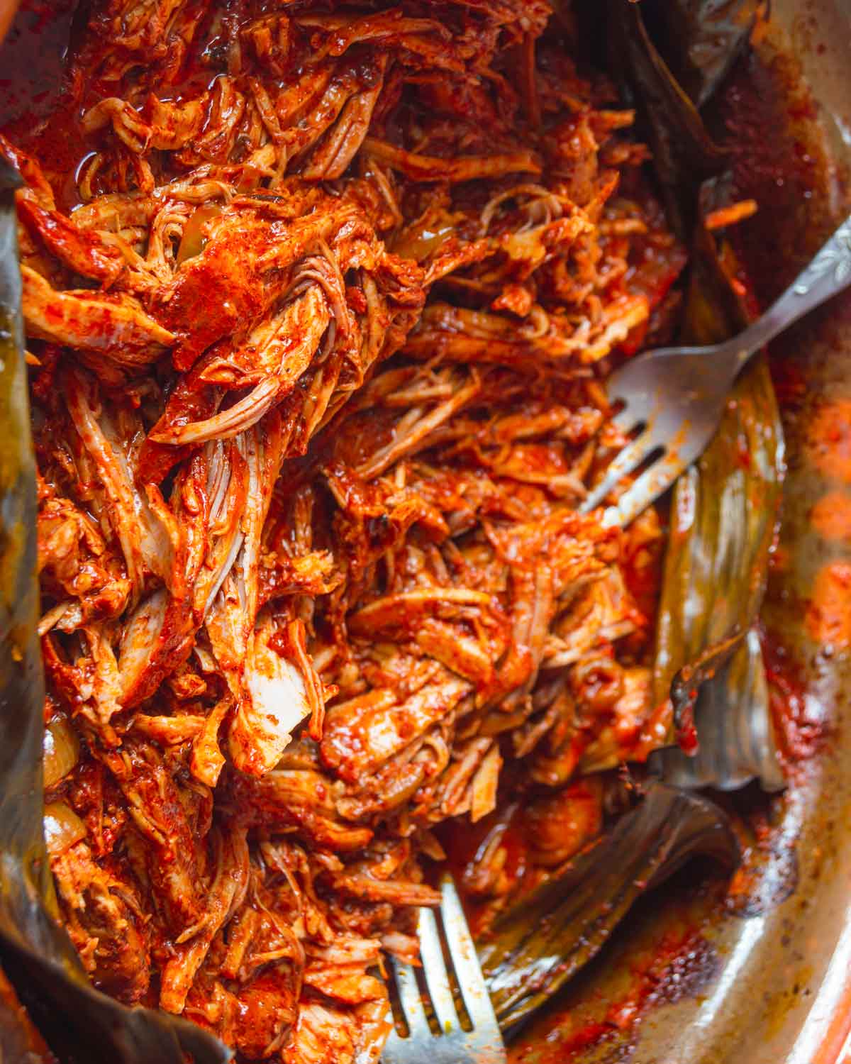 A fork in a pot of shredded Yucatan-style slow-roasted pork.