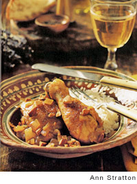 Chicken Braised with Saffron, Cinnamon, Lavender, and Almonds