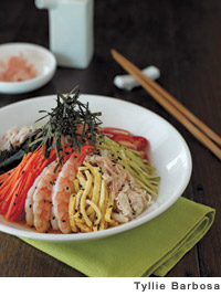 chilled crab and shrimp ramen salad with chukka-soba dressing
