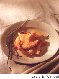 shrimp with poached pears and curry sauce