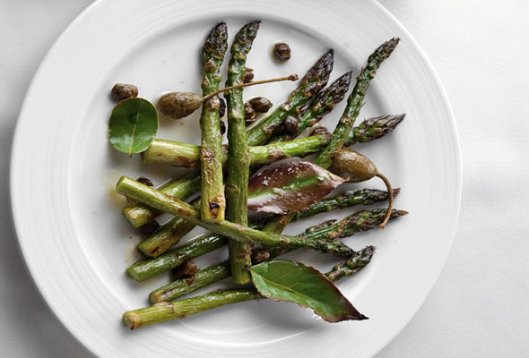 Roasted Asparagus with Bay Leaves and Capers